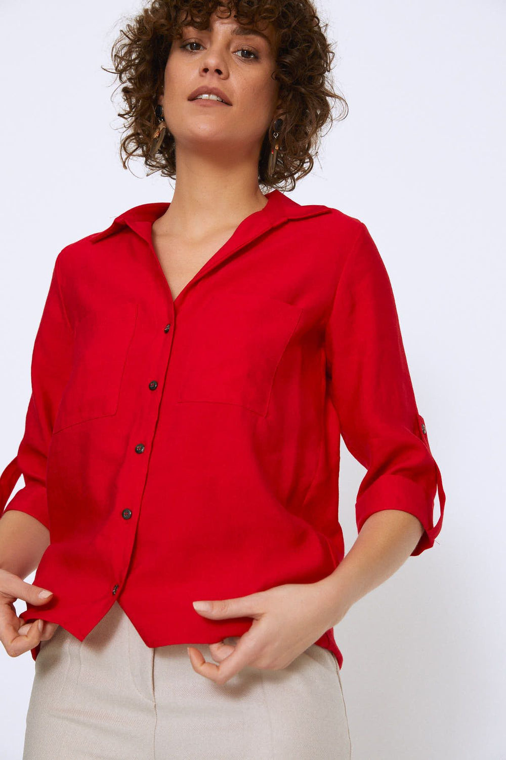 V Neck Three Quarter Sleeve Shirt Red