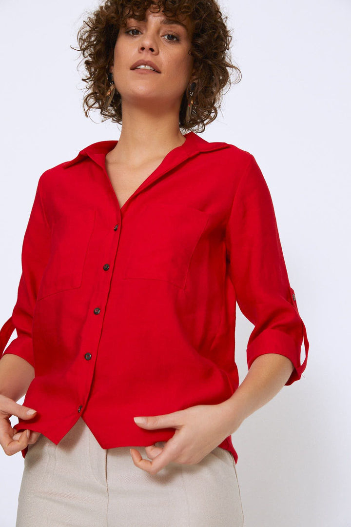 V Neck Three Quarter Sleeve Shirt Red