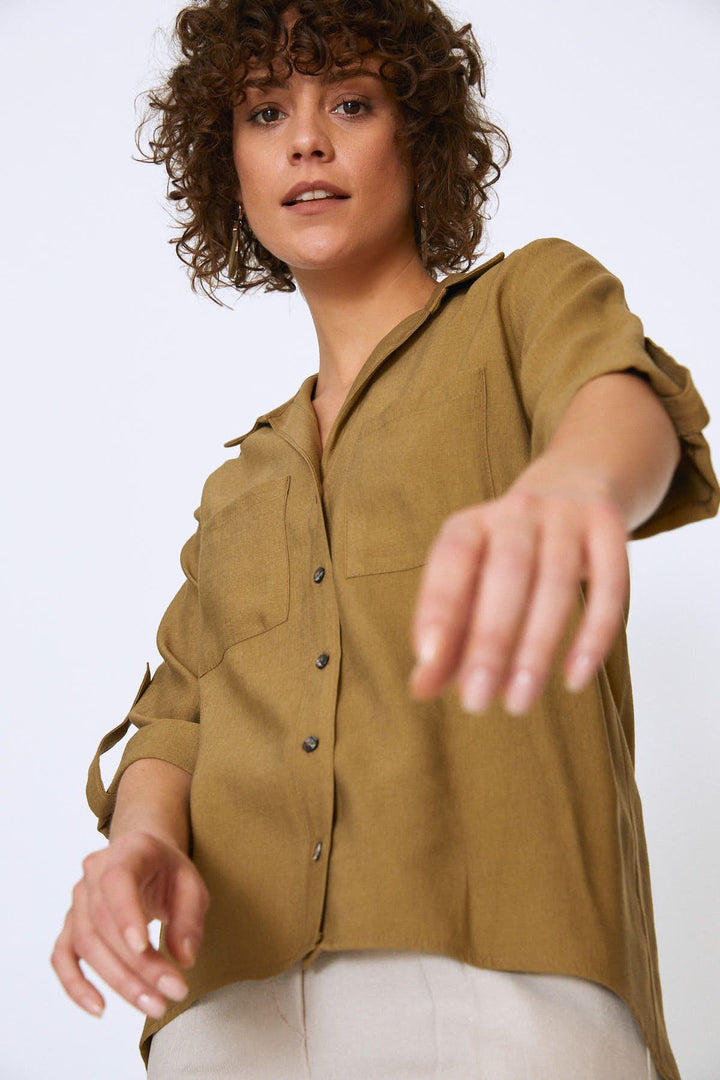 V Neck Three Quarter Sleeve Shirt Khaki