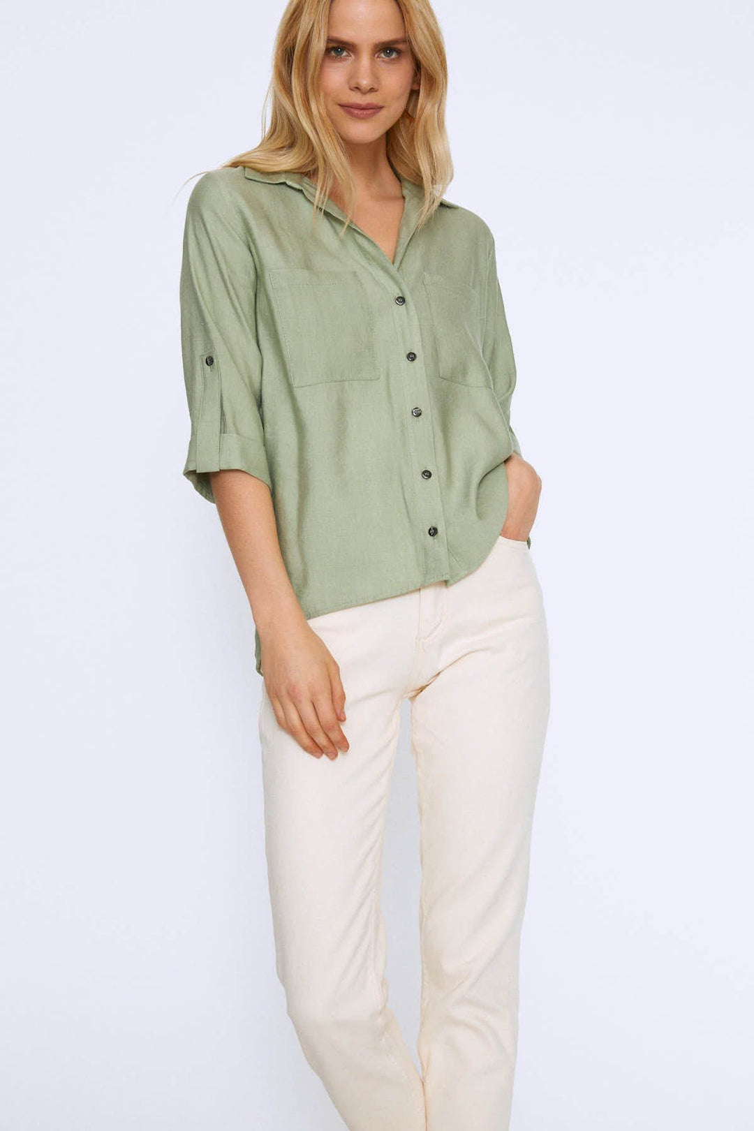 V Neck Three Quarter Sleeve Shirt Mint