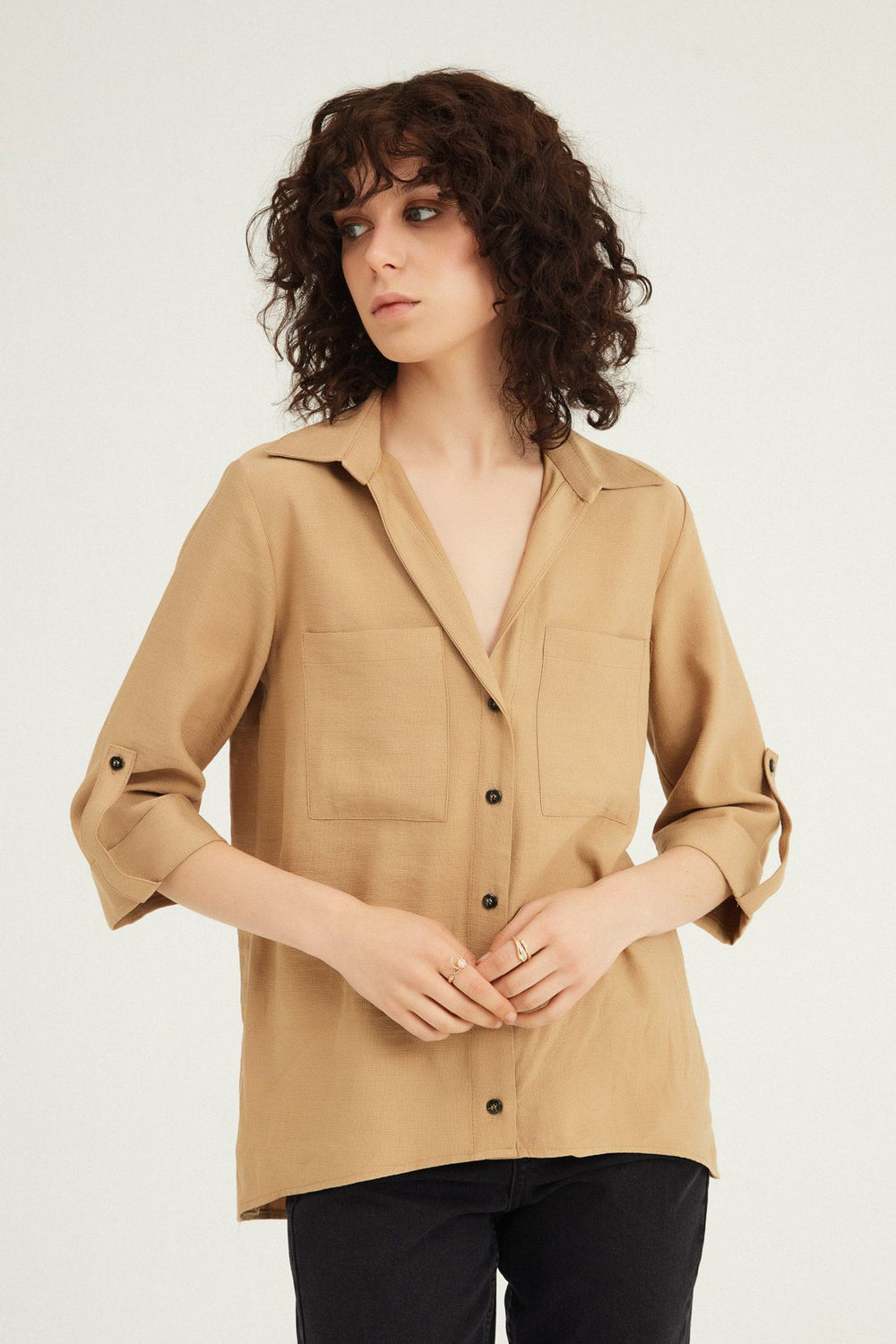 V-Neck Three Quarter Sleeve Shirt Camel