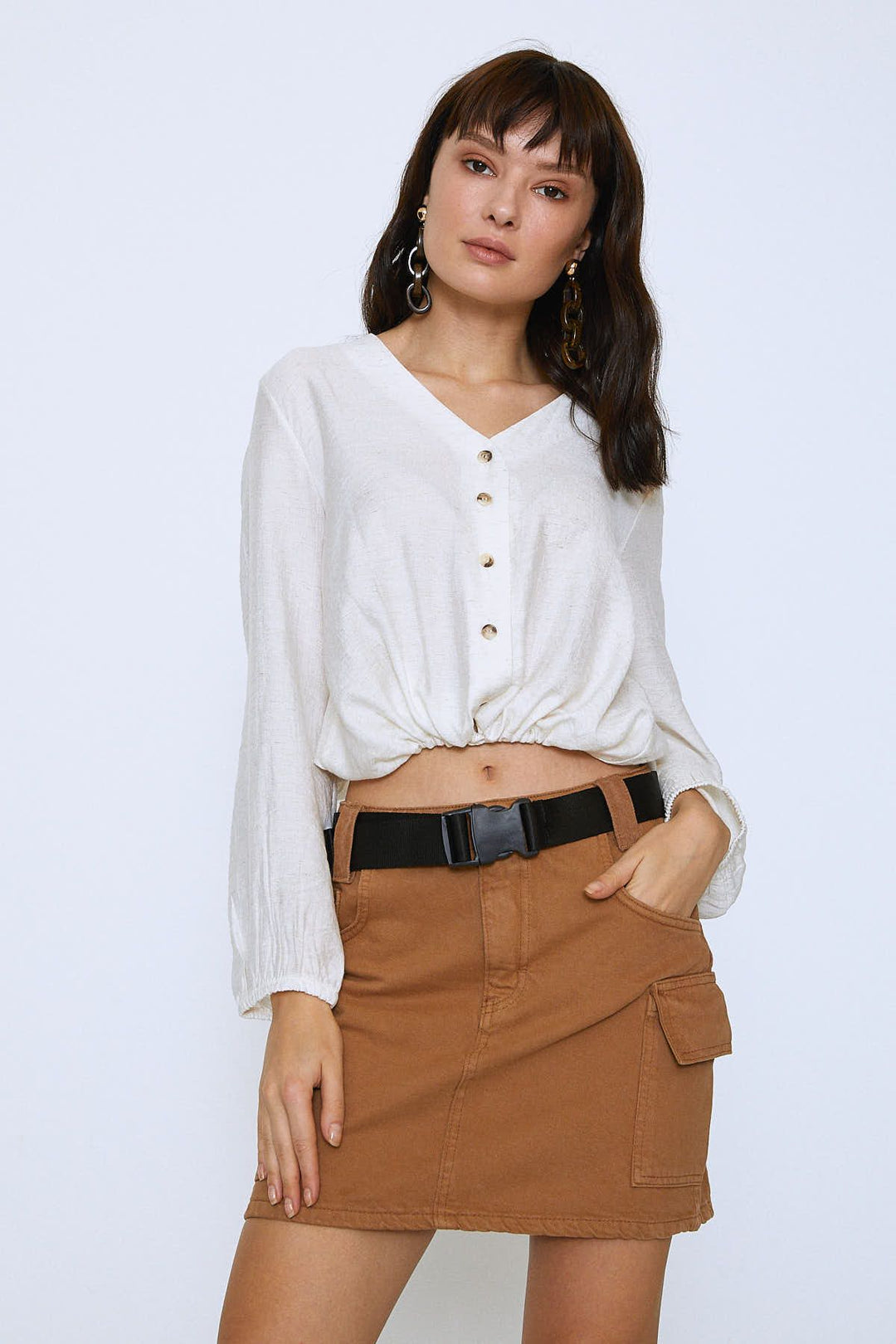 V-Neck Tie Waist Linen Shirt Ecru