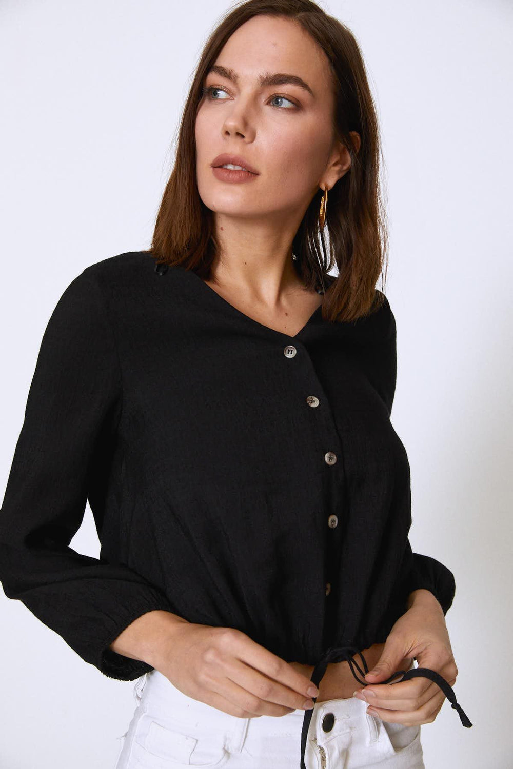 Drawstring Waist V-Neck Shirt Black