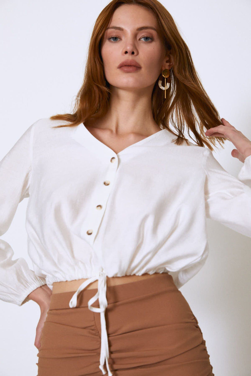 Drawstring Waist V-Neck Shirt Ecru