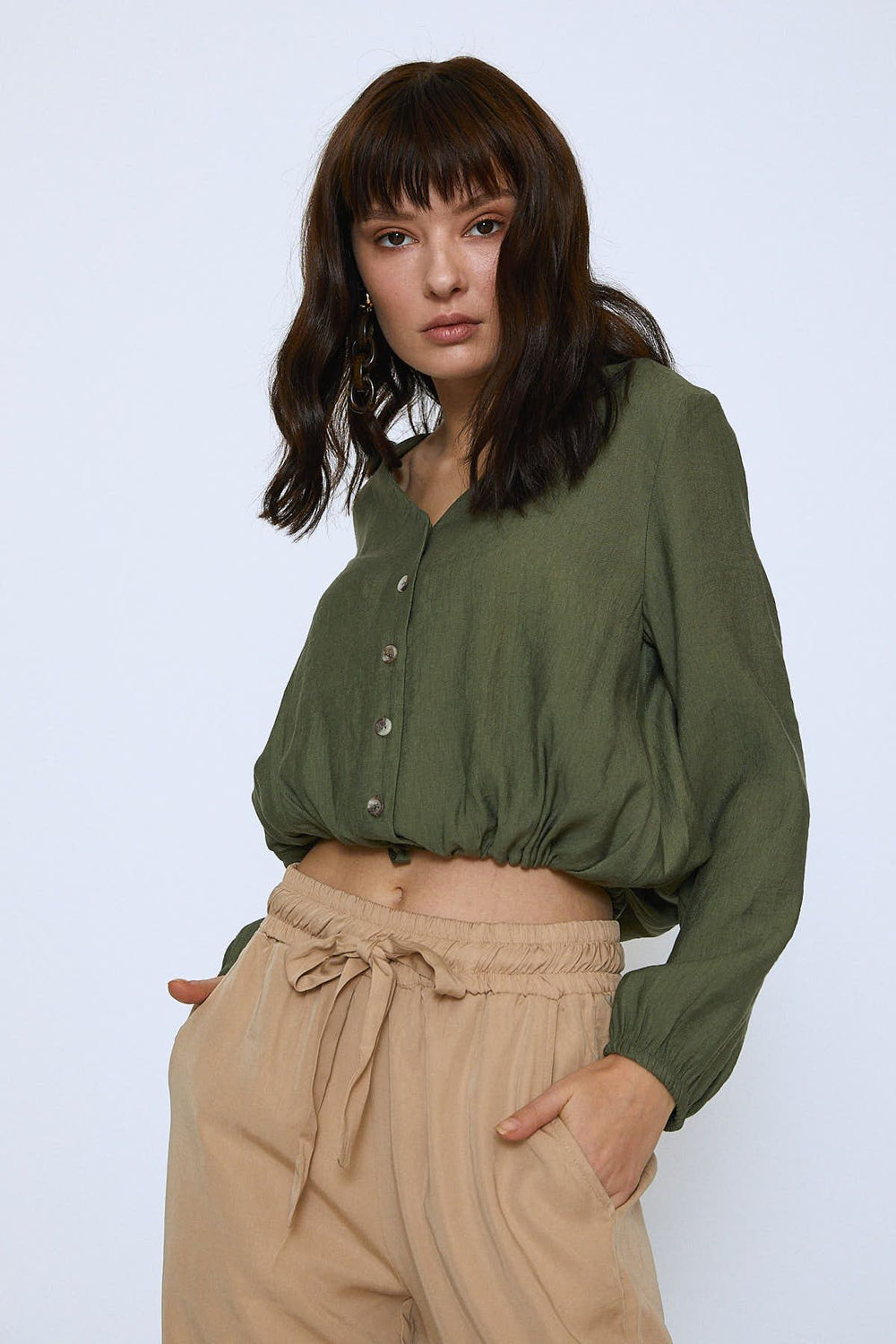 Drawstring Waist V-Neck Shirt Khaki
