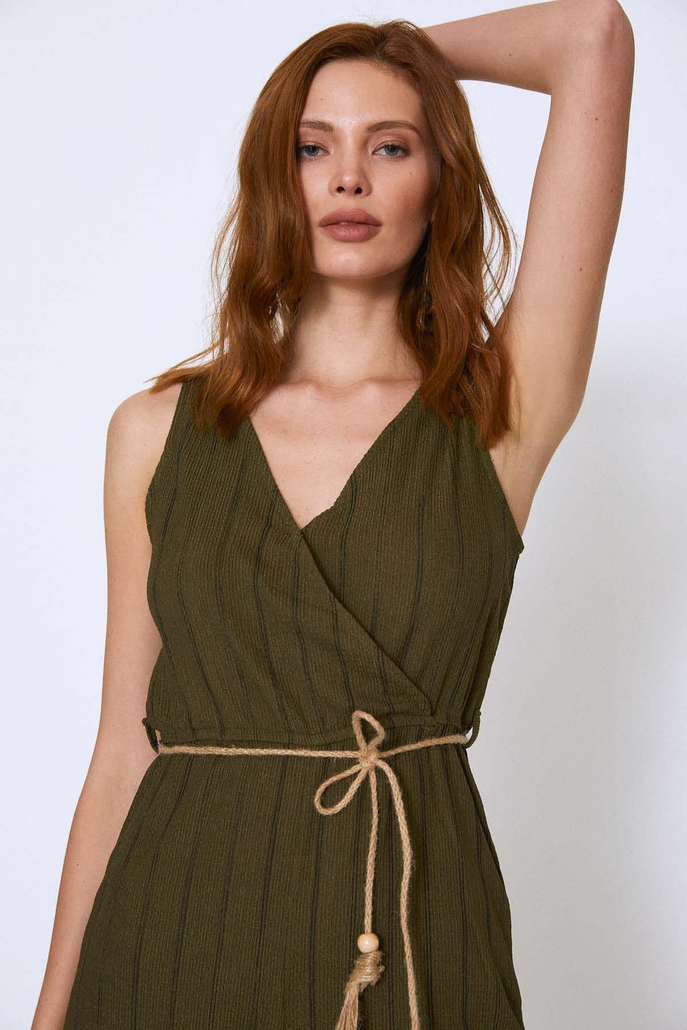 Straw Belt V Neck Jumpsuit Khaki