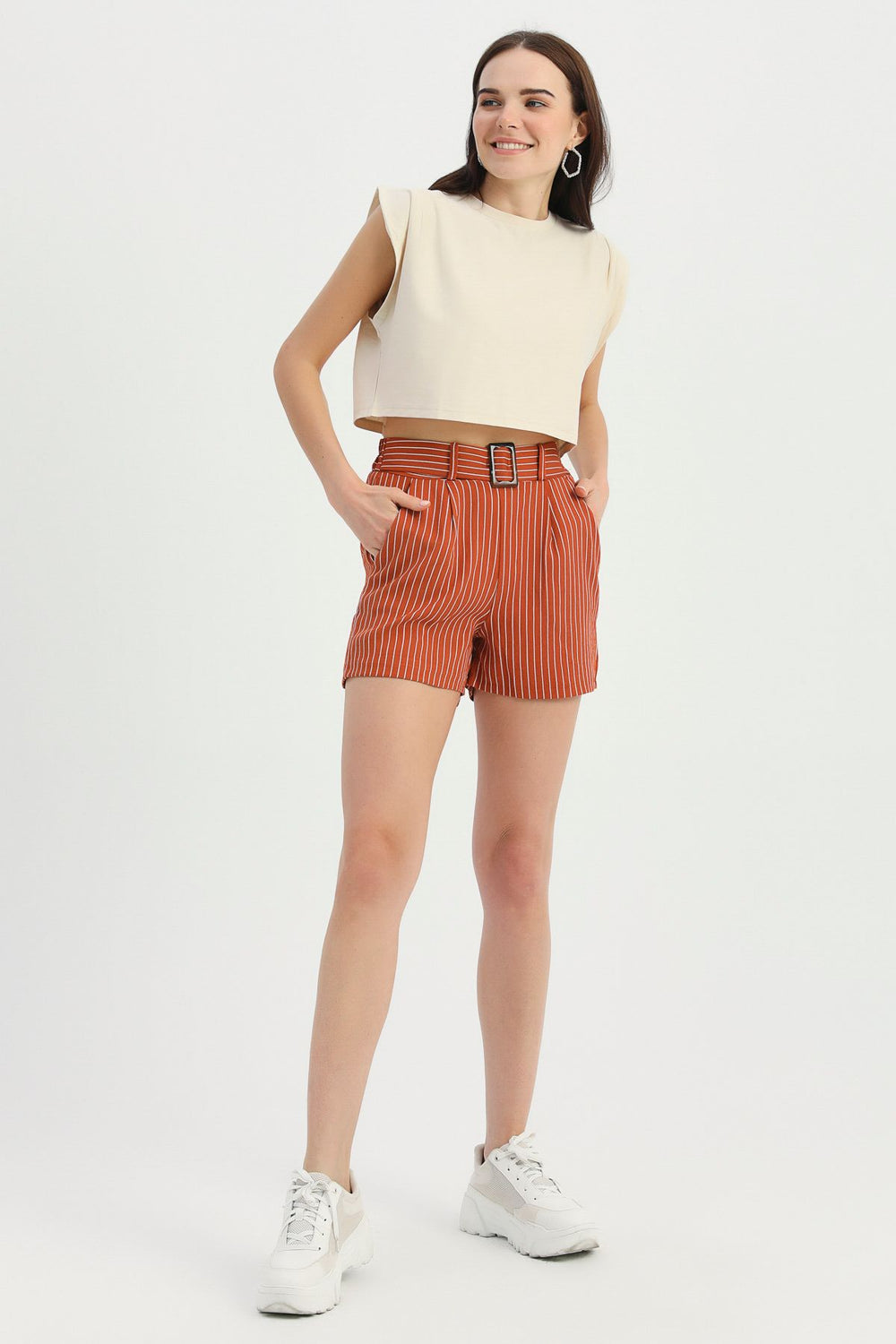 Striped Belt Shorts Tile