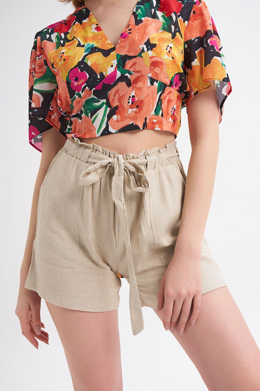 Belted High Waist Linen Shorts Beige