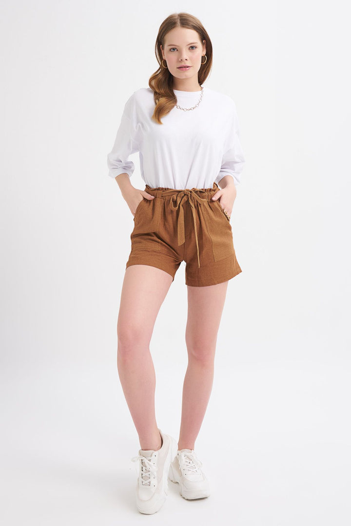 Kuşaklı Yüksek Bel Keten Şort Kahverengi