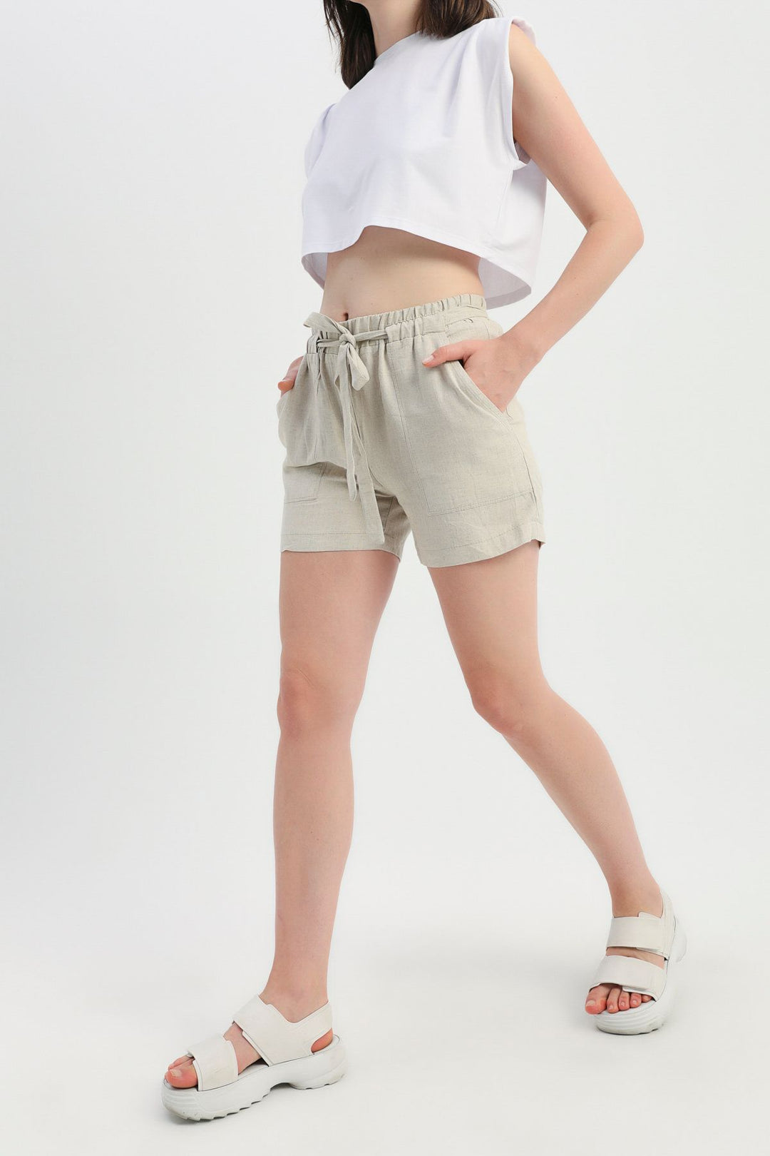 Belted High Waist Linen Shorts Natural