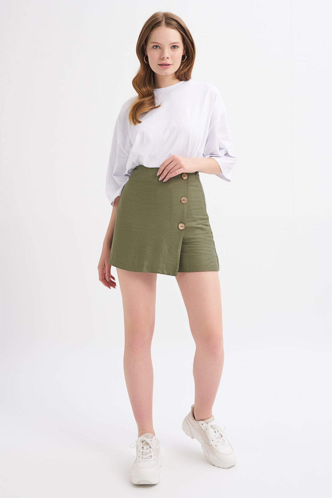 Button Front Skirt Shorts Khaki