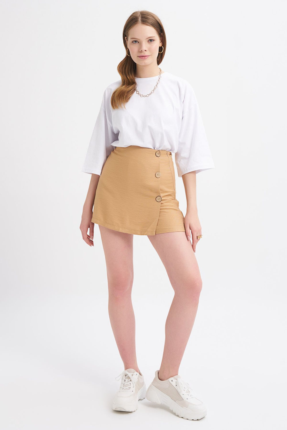 Button Front Skirt Shorts Camel