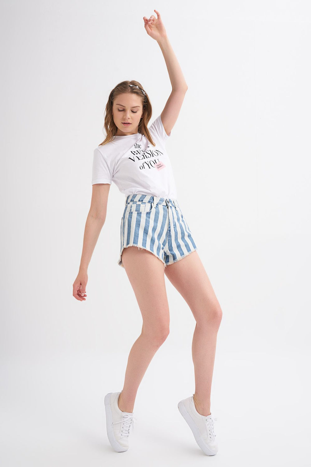 Striped Short Denim Shorts Blue