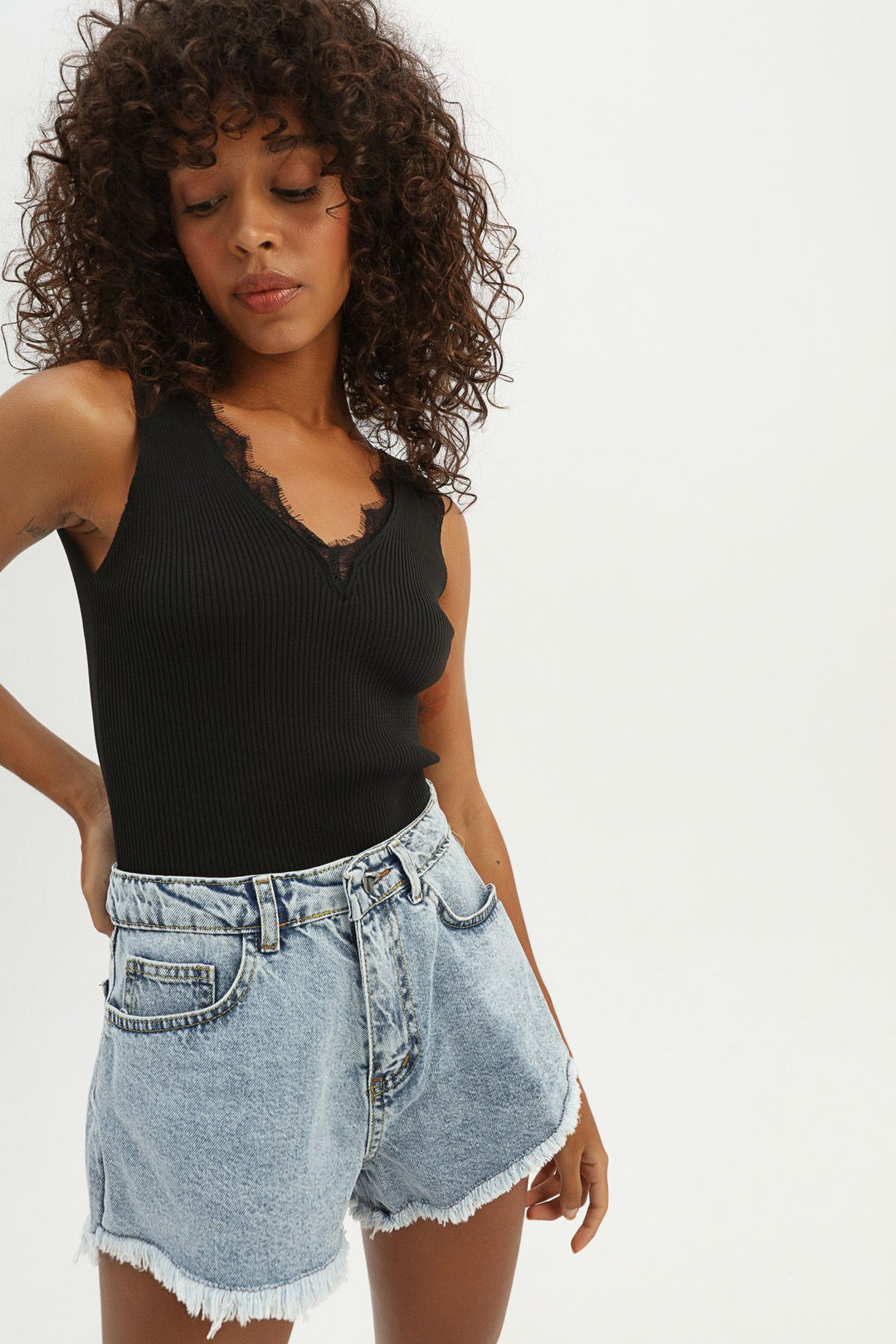 V Neck Lace Knitwear Black