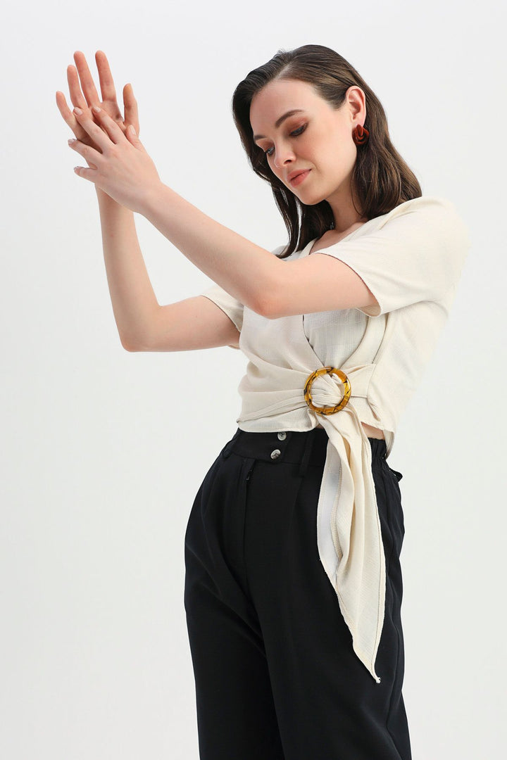 Buckle Detailed Double Breasted Blouse Ecru