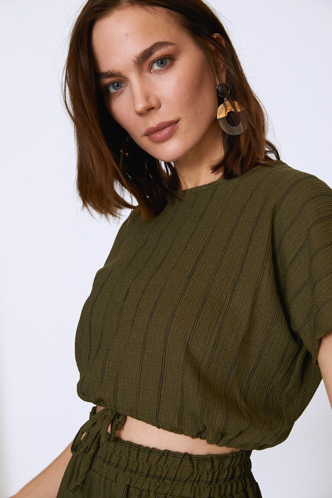 Çizgili Crop Altı Bağlamalı Bluz Haki