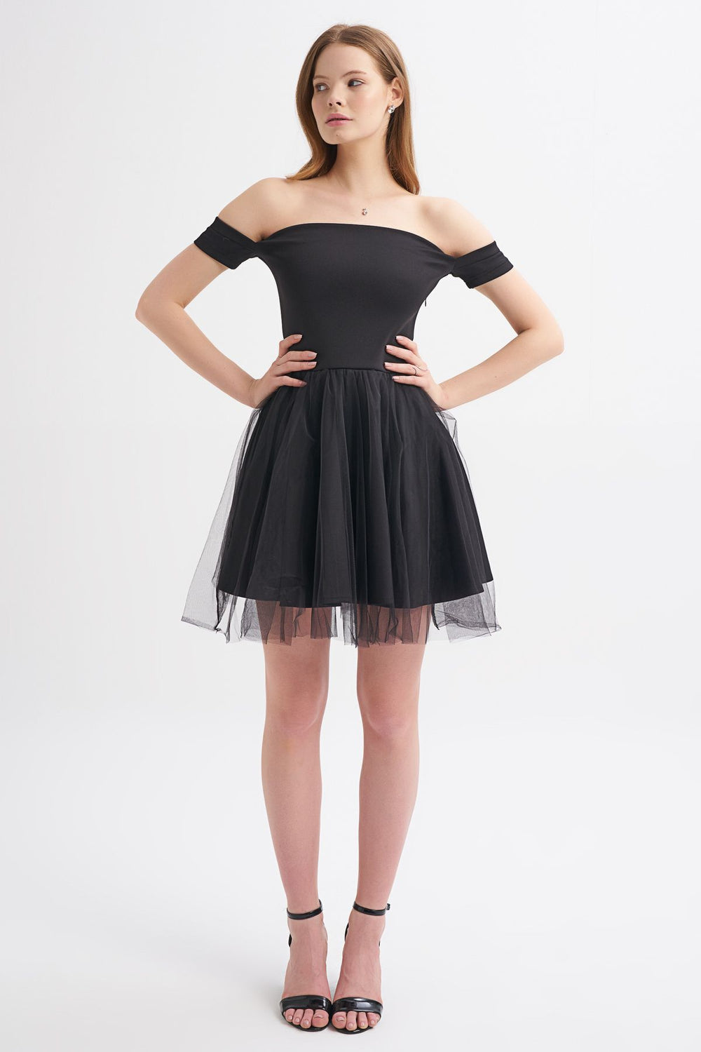 Tulle Skirt Strap Mini Dress Black