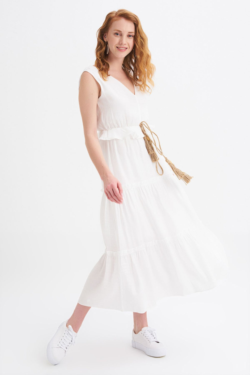 V Neck Straw Belt Detailed Dress Ecru