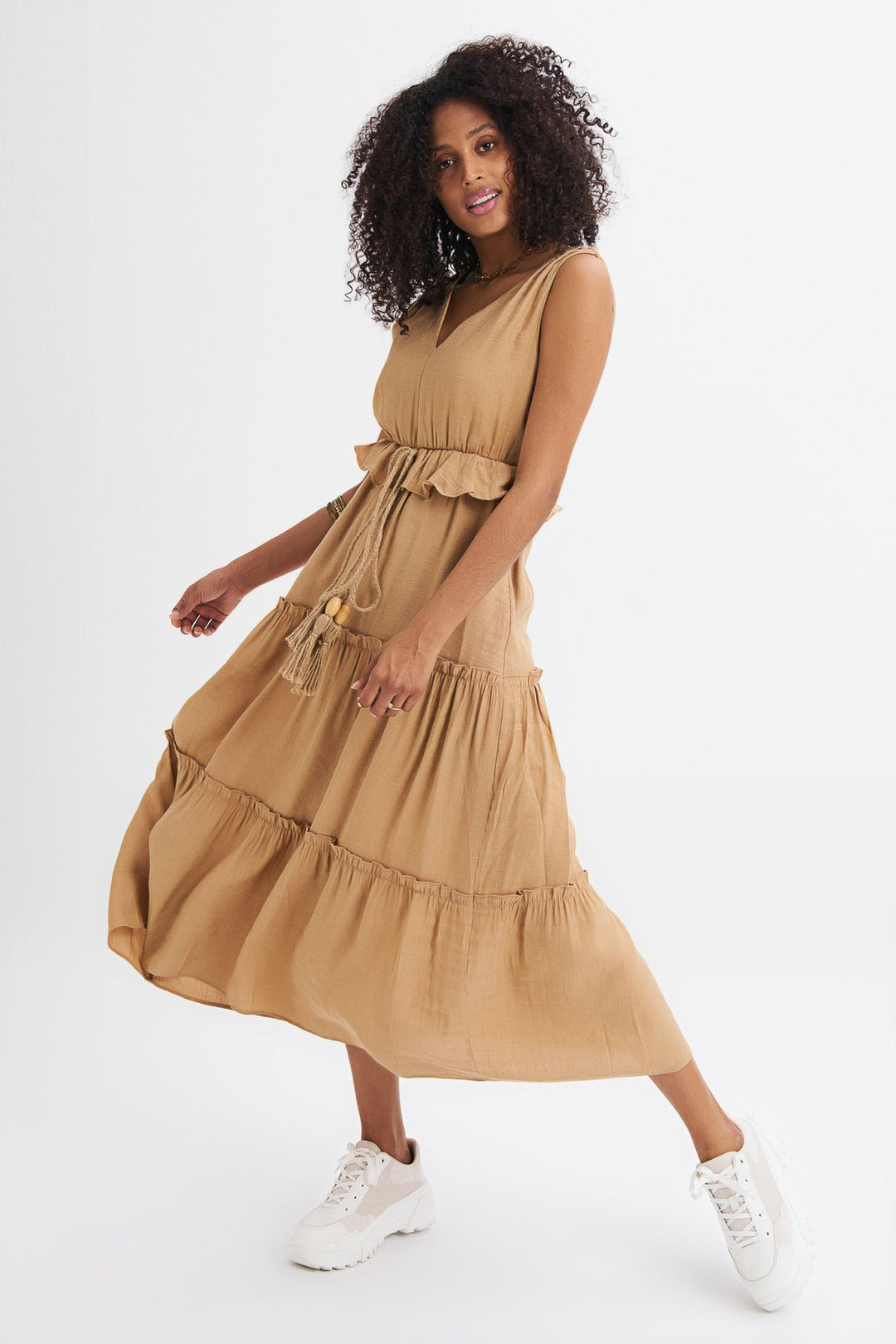 V Neck Straw Belt Detailed Dress Camel
