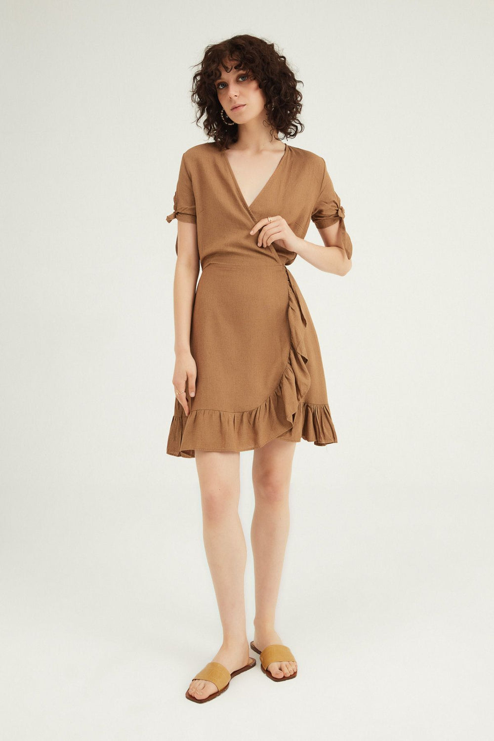 Double Breasted Frilly Linen Dress Brown