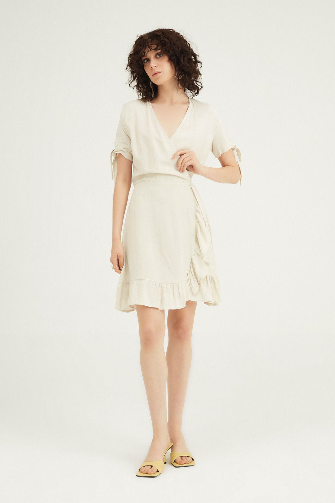 Double Breasted Frilly Linen Dress Natural
