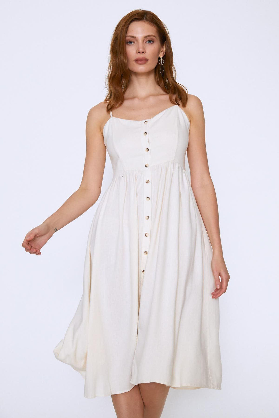 Askılı Düğmeli Keten Elbise Ekru