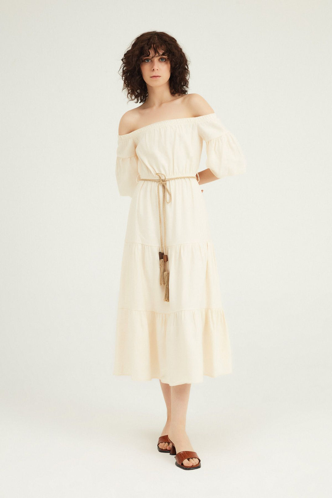 Off Shoulder Ruffle Dress Bone
