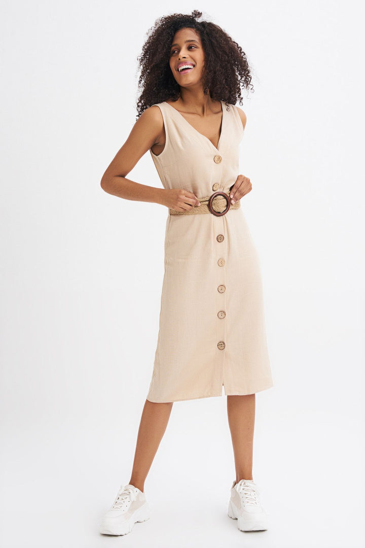Belted Buttoned Linen Dress Beige