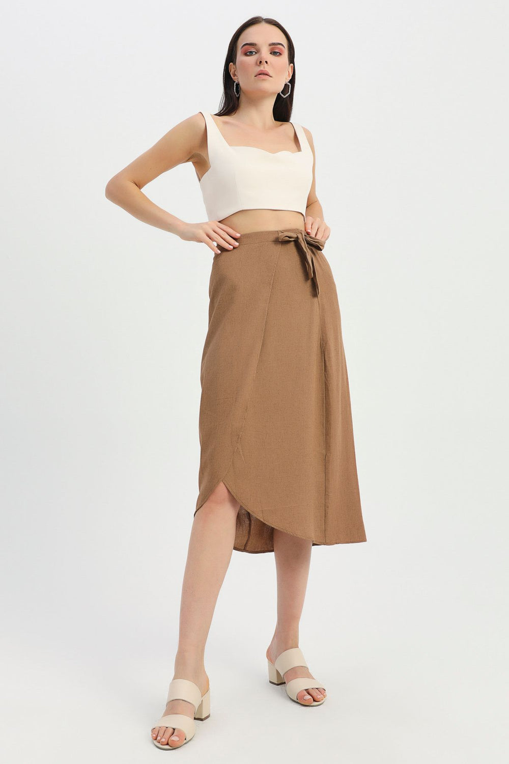 Tie Detailed Wrapped Linen Skirt Brown