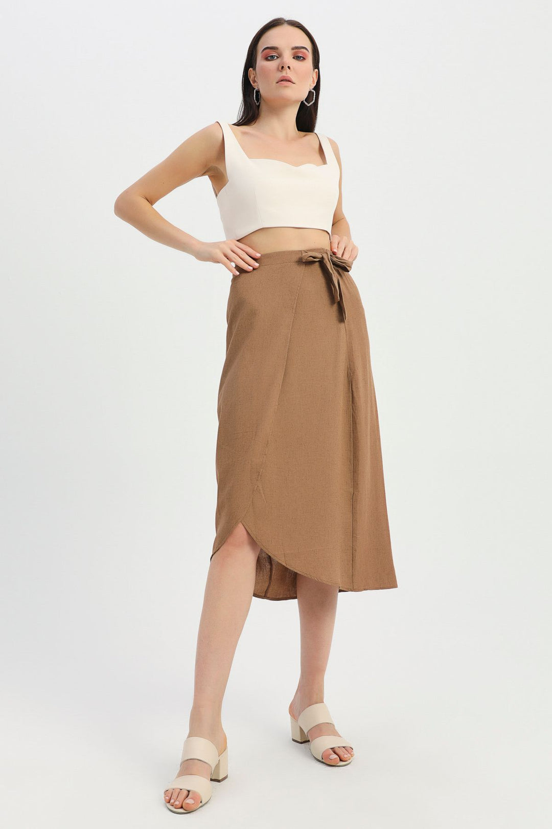 Tie Detailed Wrapped Linen Skirt Brown