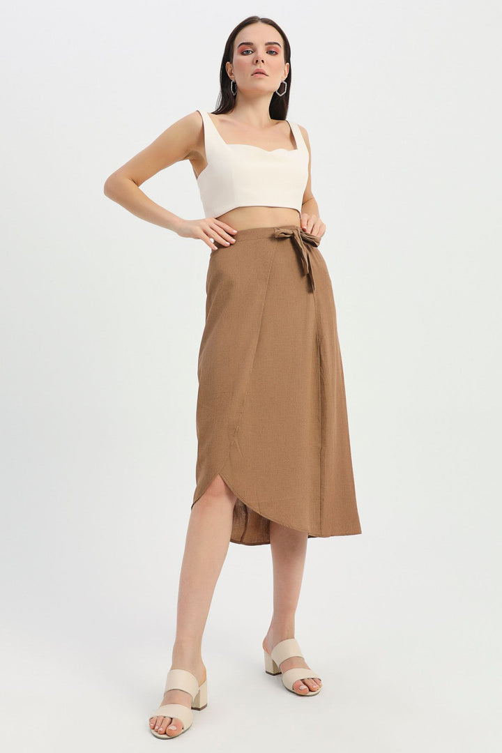 Tie Detailed Wrapped Linen Skirt Brown