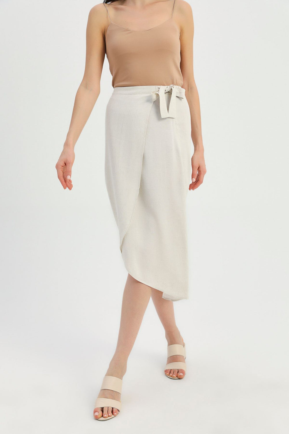 Tie Detailed Wrapped Linen Skirt Natural
