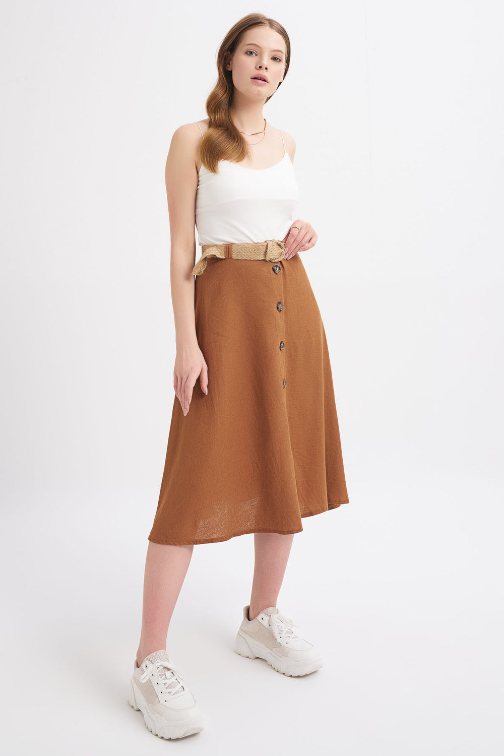Belted Button Front Linen Skirt Brown