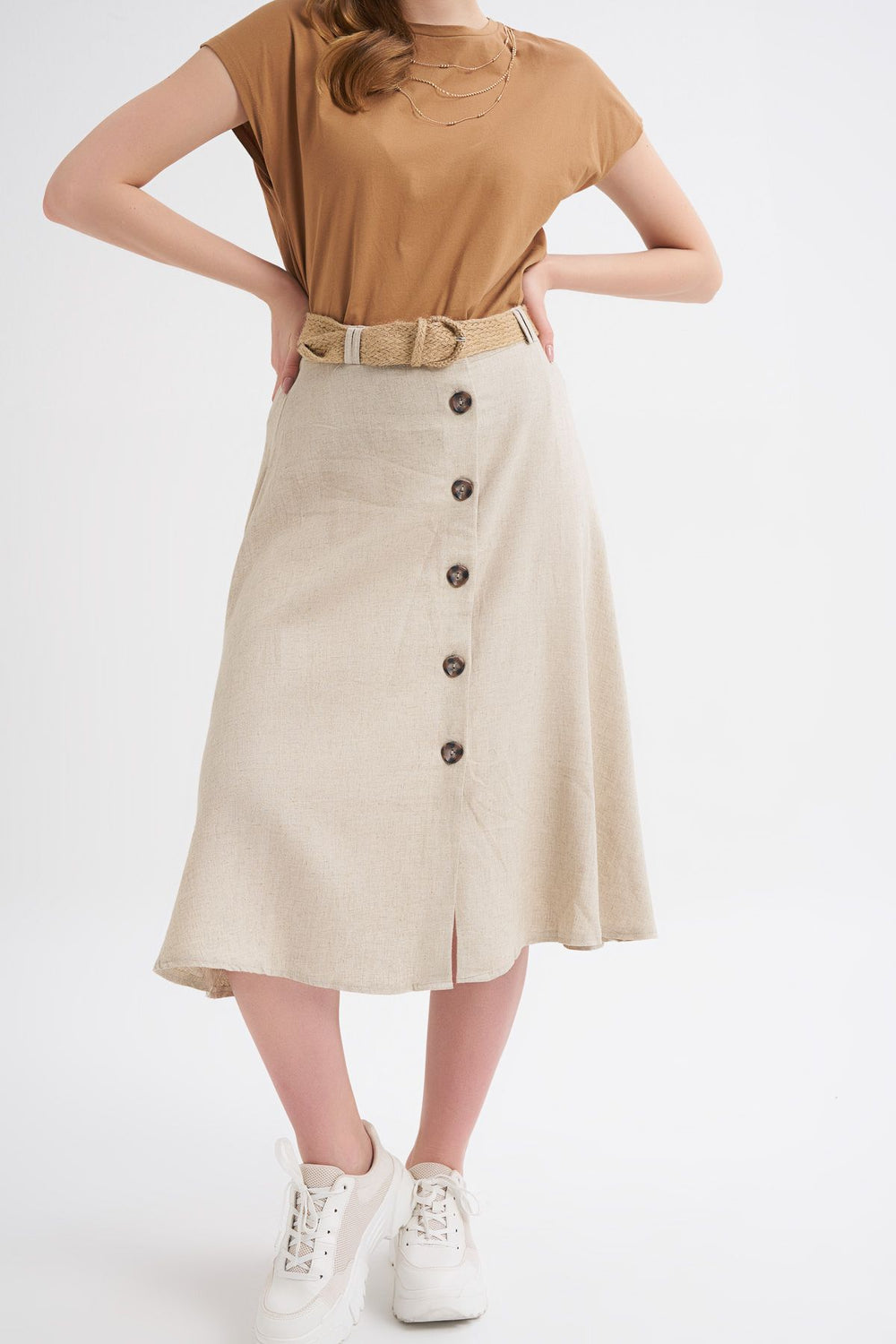Belted Front Buttoned Linen Skirt Natural