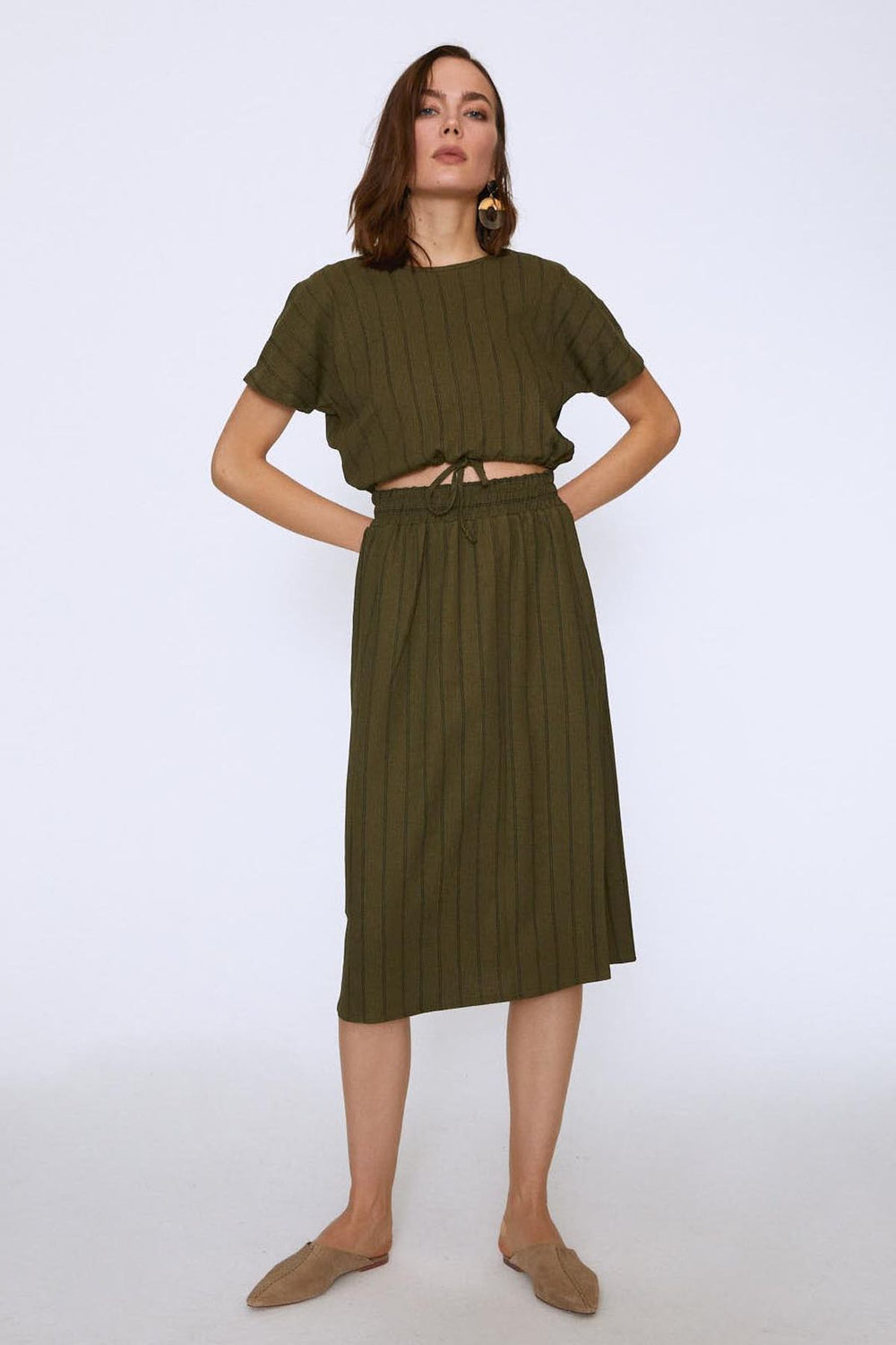 Striped Elastic Waist Midi Skirt Khaki