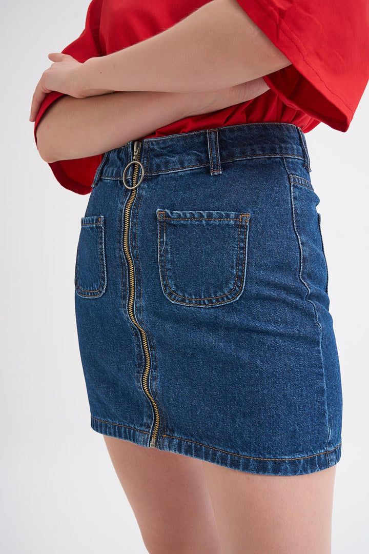 Önü Fermuarlı Kot Etek Koyu Mavi