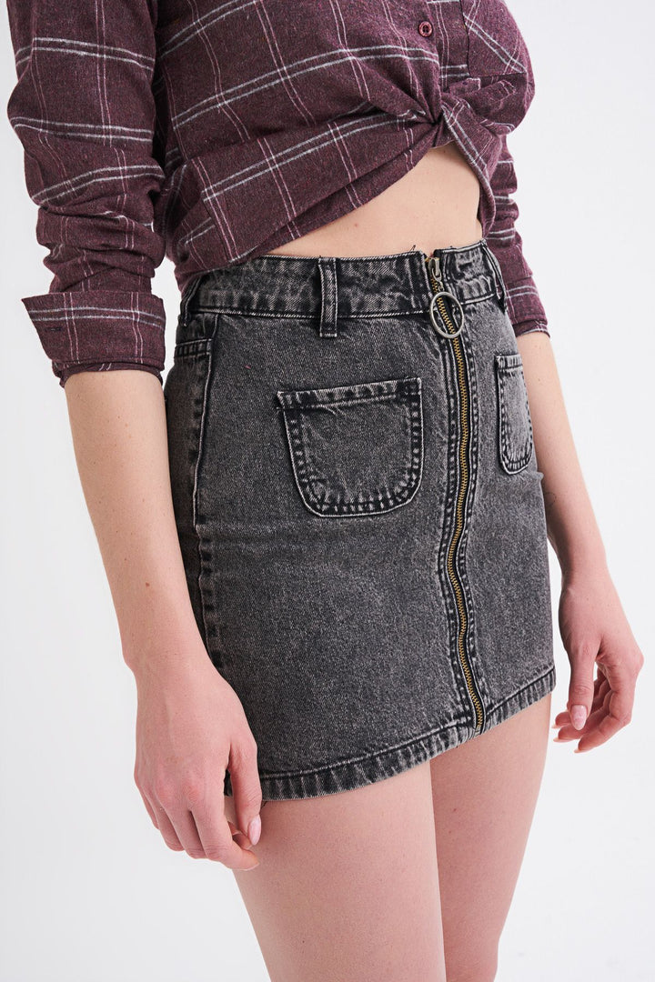 Önü Fermuarlı Kot Etek Antrasit