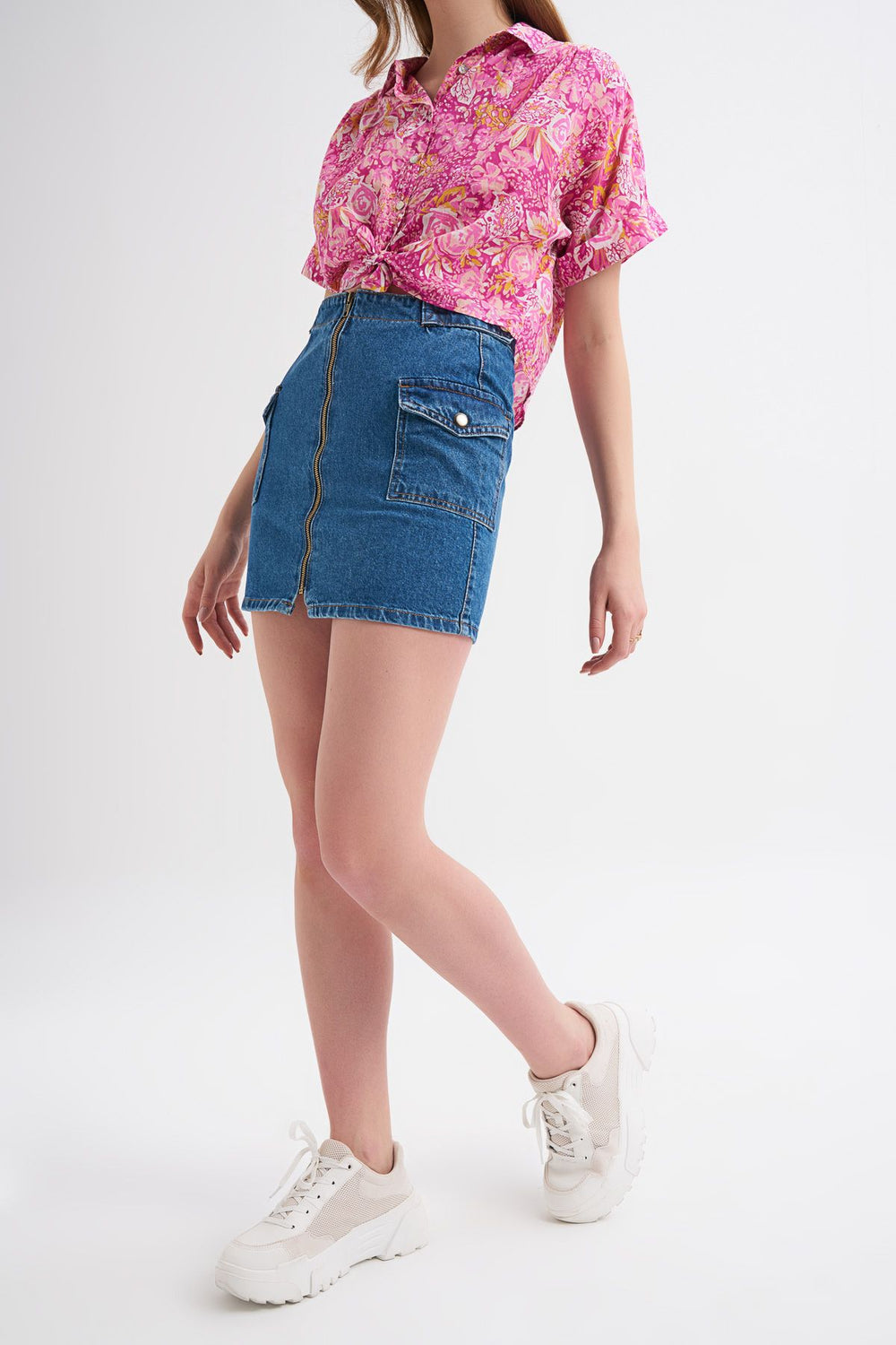 Önü Fermuarlı Kargo Cepli Kot Etek Koyu Mavi