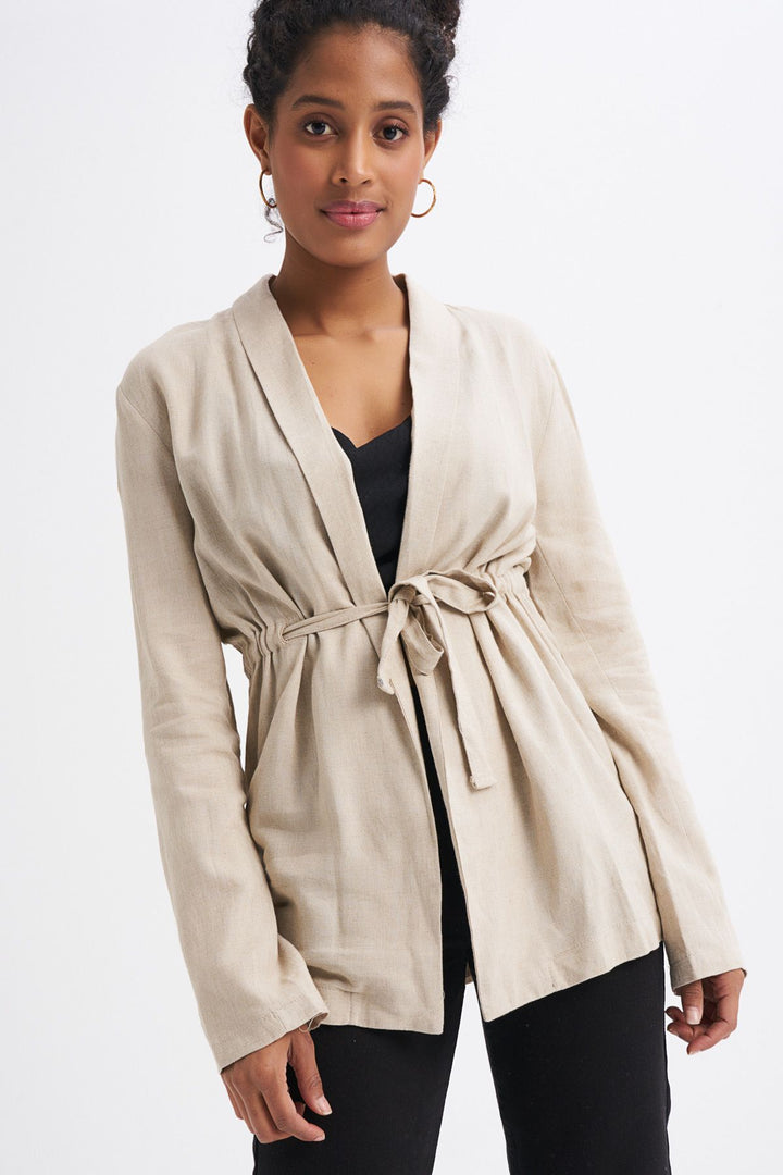 Waist Belted Linen Jacket Beige