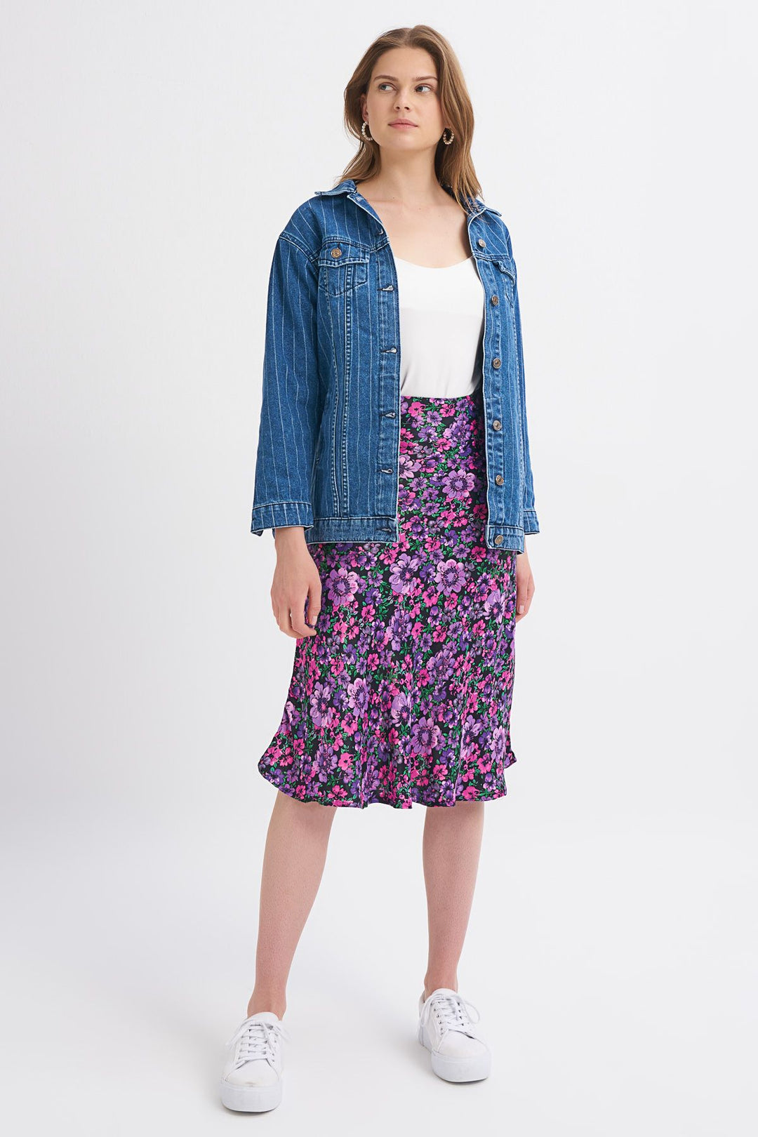 Striped Long Denim Jacket Dark Blue