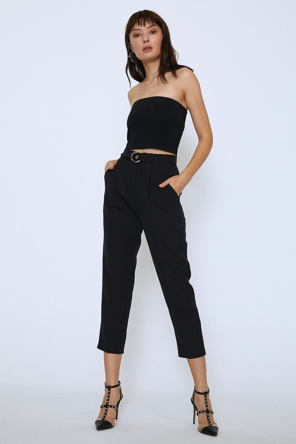Waist Belted Fabric Trousers Black
