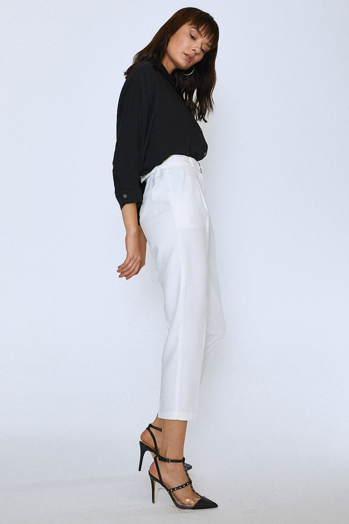 Waist Belted Fabric Trousers Ecru