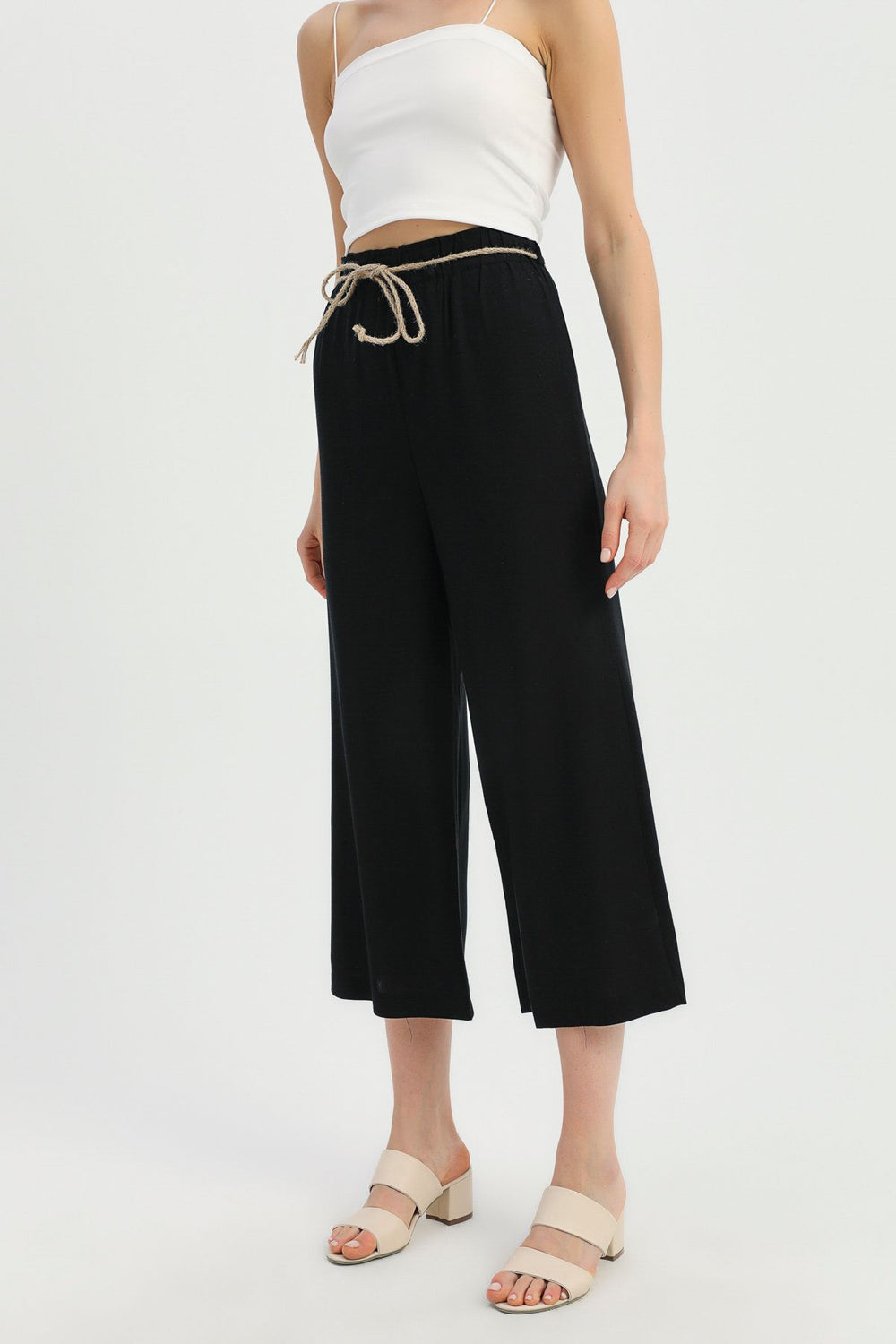 Straw Rope Belt Linen Trousers Black