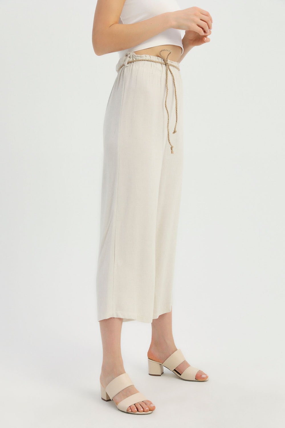 Straw Rope Belt Linen Trousers Ecru