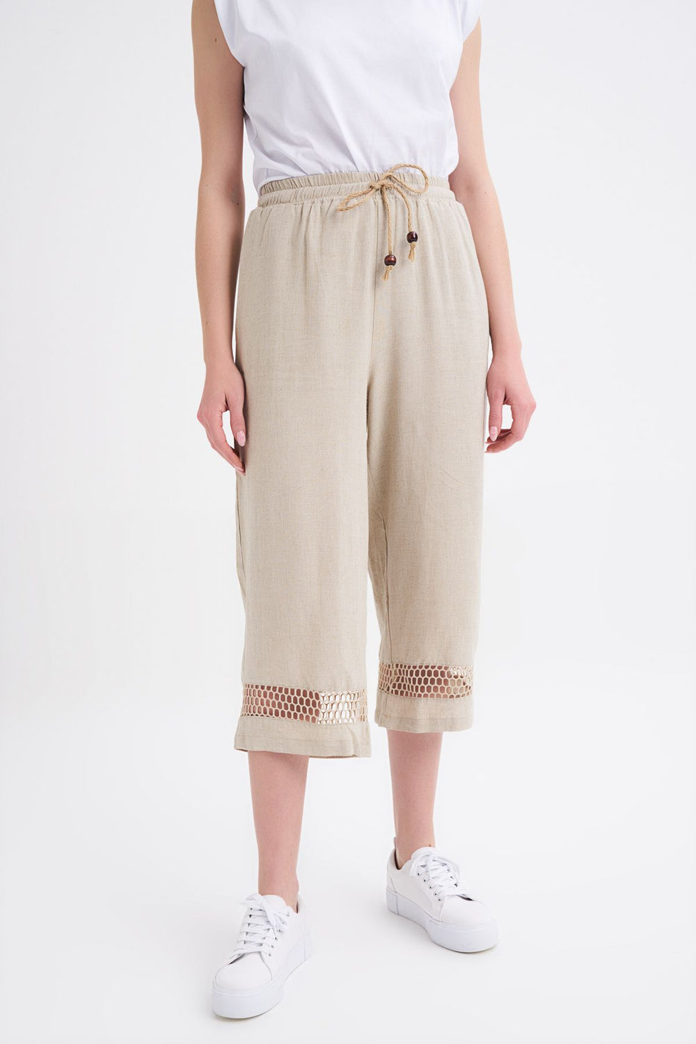 Mesh Detailed Linen Trousers Beige