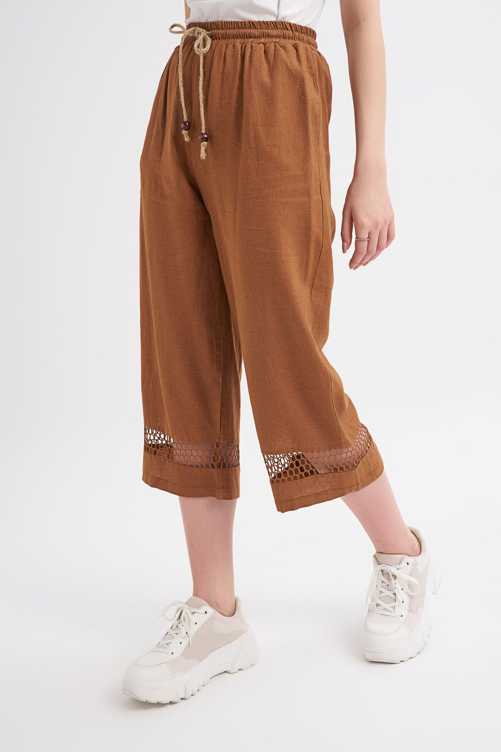 Mesh Detailed Linen Trousers Brown