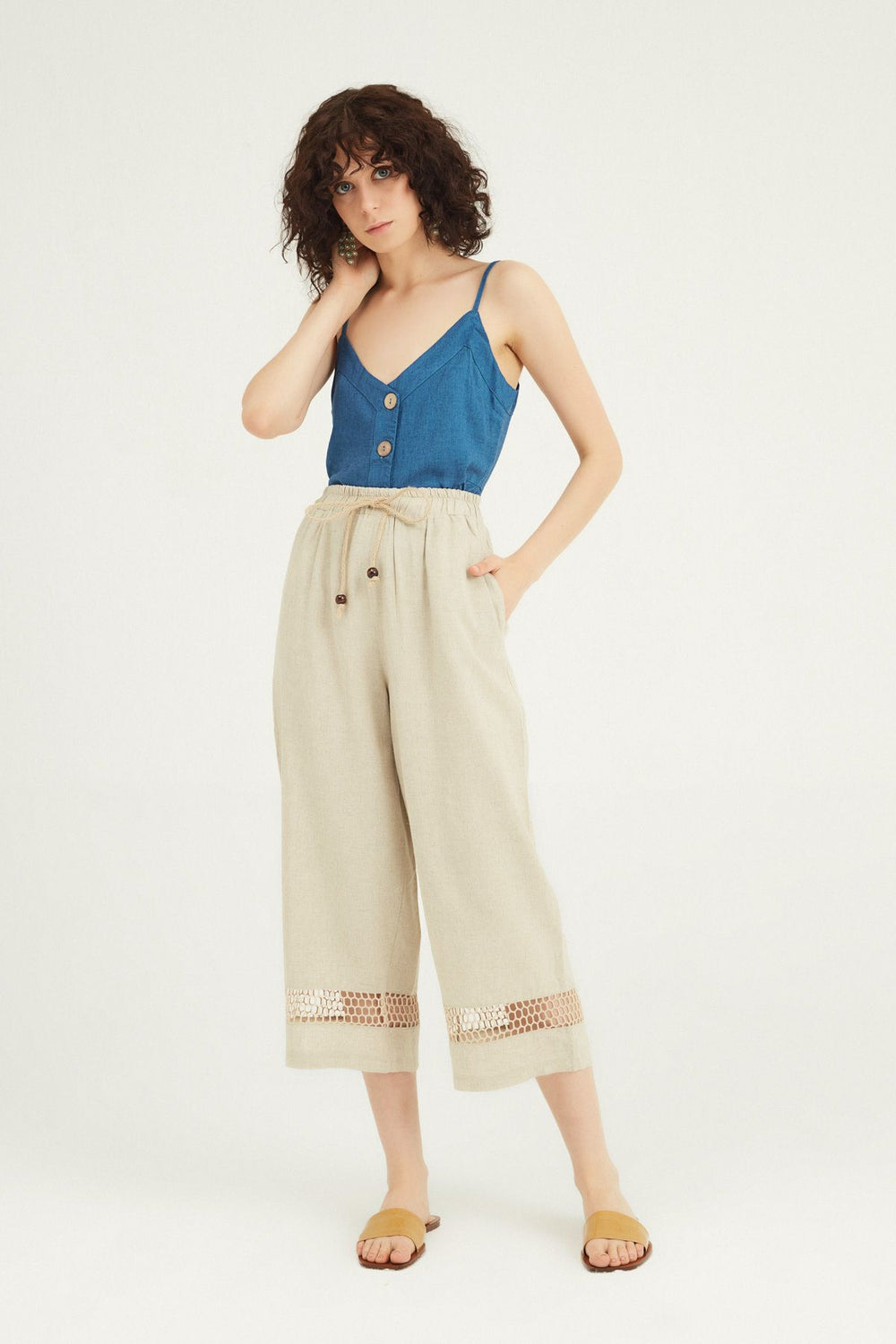 Mesh Detailed Linen Trousers Natural