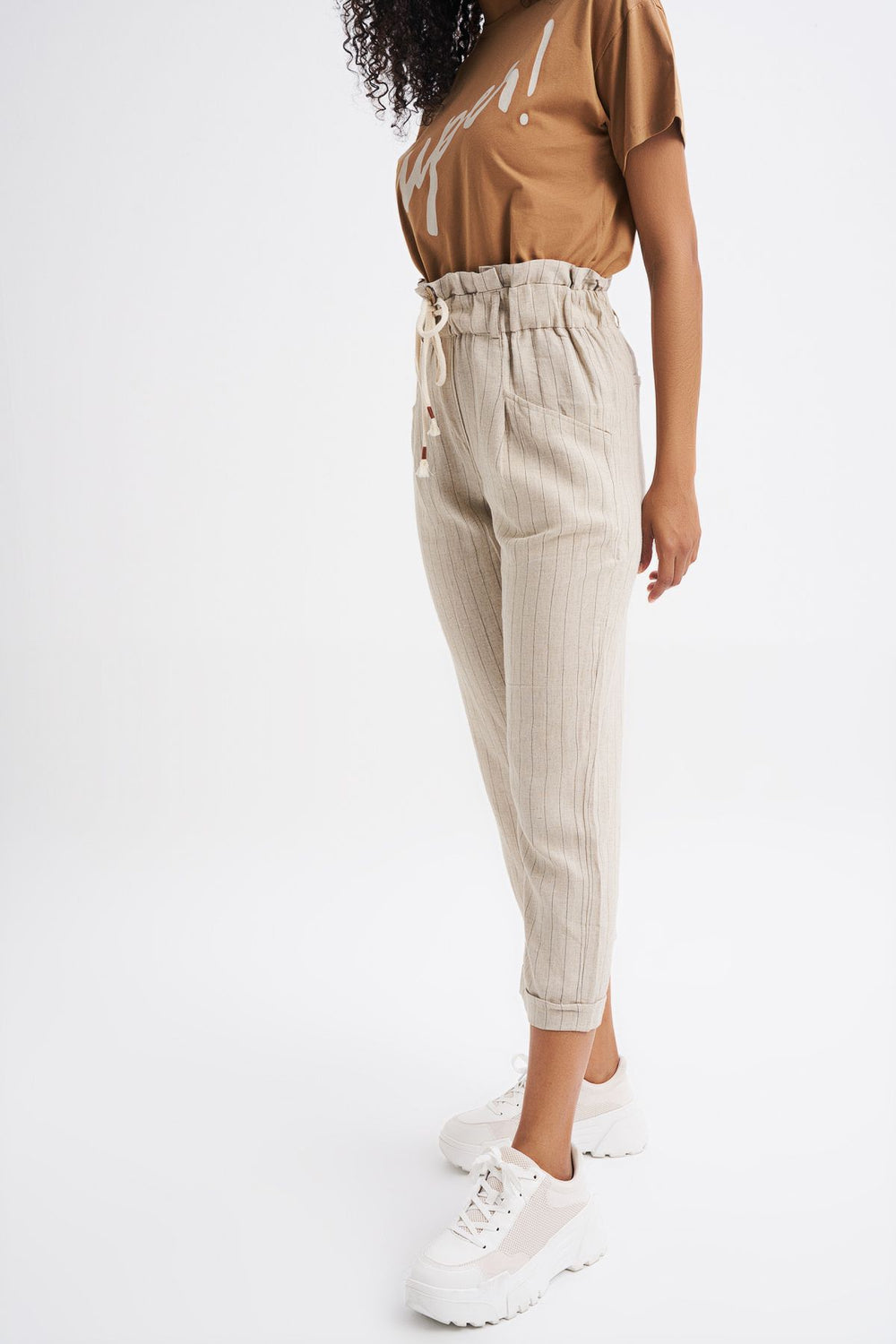 Straw Belt Linen Trousers Beige