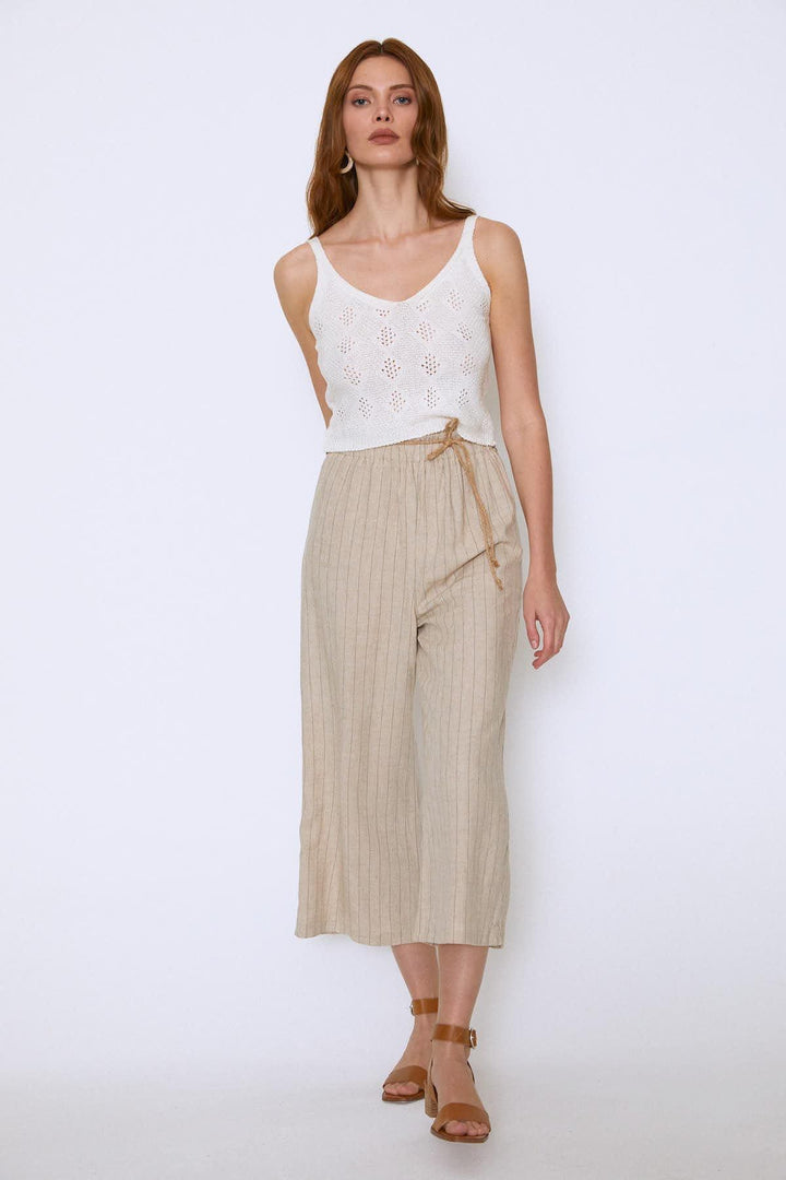 Hasır Kemerli Keten Pantolon Bej