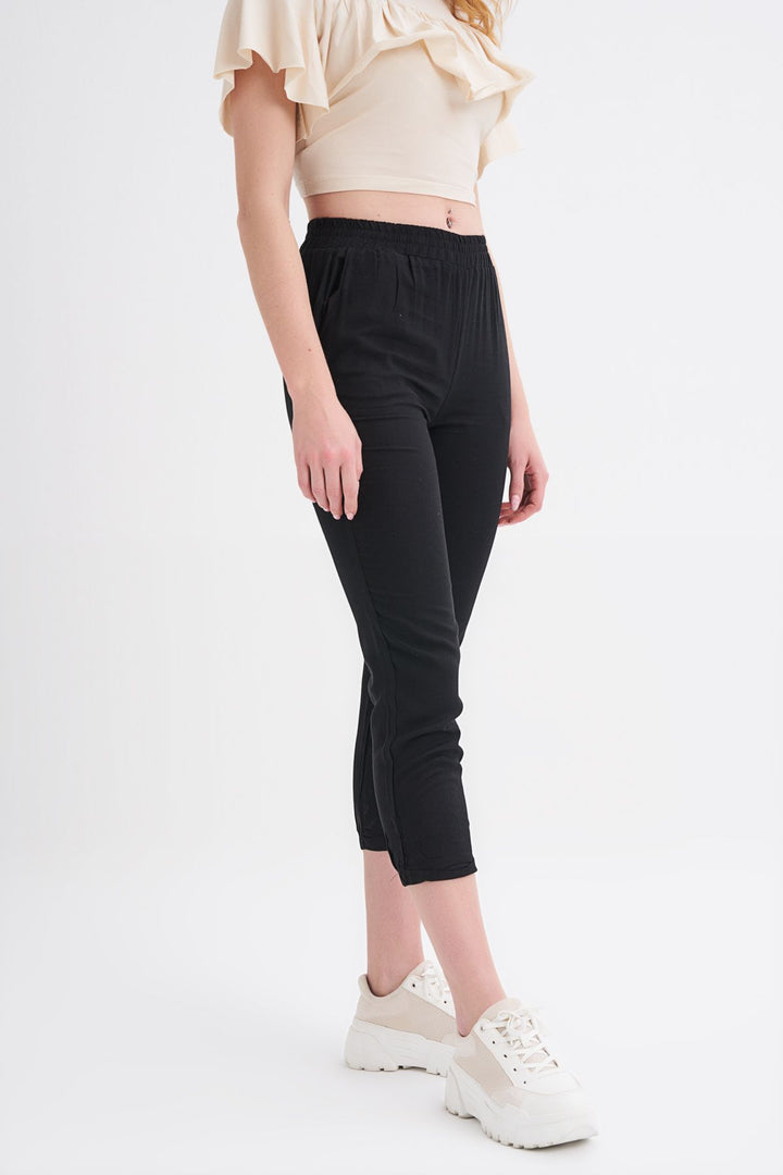 Beli Lastikli Keten Pantolon Siyah